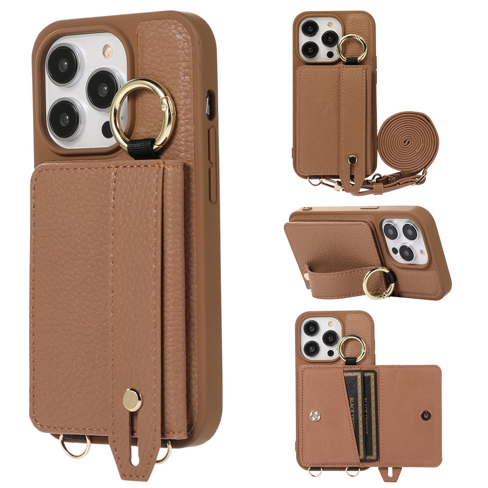 For iPhone 14 Pro Max Hand Strap Kickstand Phone Case Card Holder Leather TPU Cover with Shoulder Strap For iPhone 14 Pro Max Hand Strap Kickstand Phone Case Card Holder Leather TPU Cover with Shoulder Strap